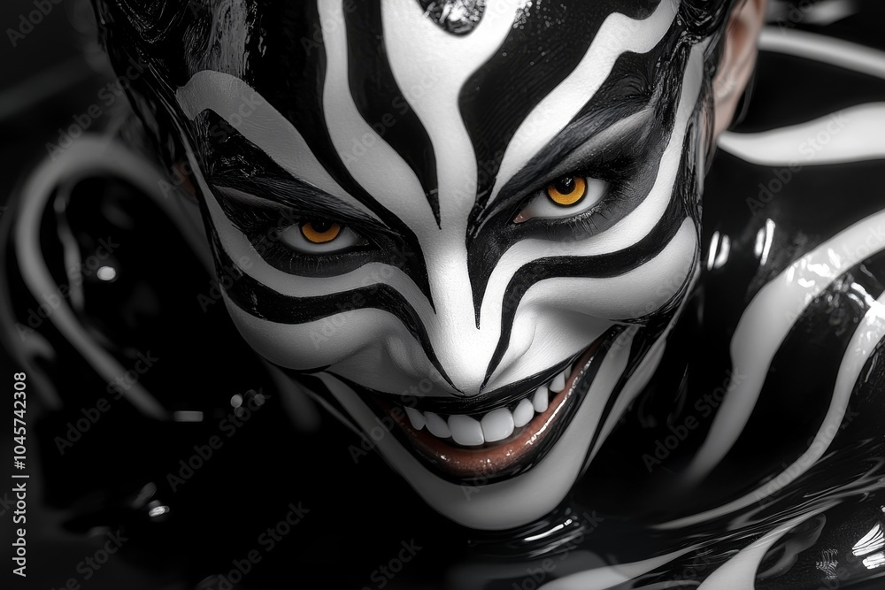 Poster dark, gothic figure offering a smile of kindness, with deep shadows and soft light showing the contr