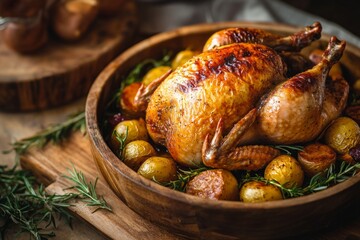 A beautifully roasted chicken placed in a wooden bowl. It is surrounded by golden potatoes and fresh herbs. Perfect for a festive feast. Generative AI