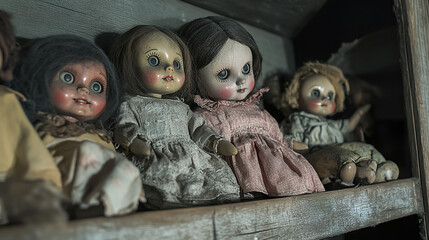 collection of vintage dolls with haunting expressions on dusty shelf in shadowy room