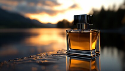 A glass bottle of perfume with a golden liquid sits on a rock near a lake with a sunset in the background.