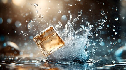 Geometrically Frozen Star Shaped Ice Cube Gracefully Splashing and Causing Droplets to Fly Outward in Tranquil Clear Water  Abstract Minimal Concept with Reflective Glassy Texture