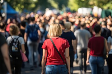 large crowd of people walking along the street at outdoor event, captured from behind and in focus on one person who is chubby with short blonde hair wearing blue jeans and a red t-shirt Generative AI