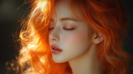 Fototapeta premium A young woman with striking orange curls enjoys a peaceful moment in soft, golden light, showcasing serene beauty and tranquility