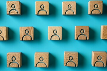 Obraz premium Symmetrical Wooden Blocks with People Icons on Blue Background