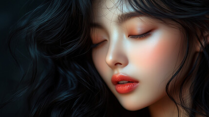 Fototapeta premium A close-up portrait of a serene Korean woman with flowing black hair and soft makeup, capturing a moment of tranquility