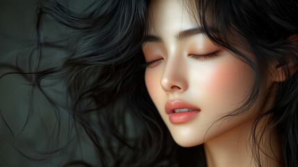 Fototapeta premium A serene moment captured of a Korean woman with flowing hair, enjoying a quiet moment of reflection in soft, natural light