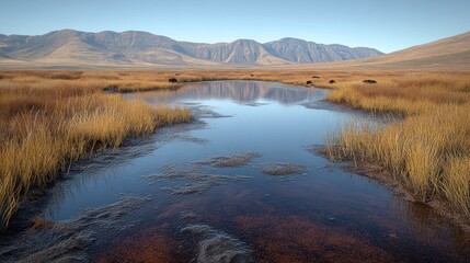 A still, clear creek flows through a vast grassy plain, with a distant mountain range reflecting in its surface.