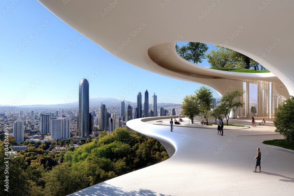 Aufkleber futuristic city where people are smiling and interacting with advanced technology, symbolizing the h