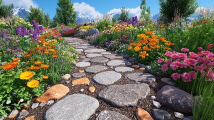 Obraz premium A stone path winds through a colorful flower garden with a mountain backdrop.