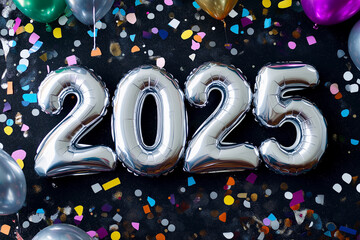 Festive 2025 silver balloons with colorful confetti, perfect for New Year celebrations, parties, and event promotions, representing joy, celebration, and the excitement of a fresh start.