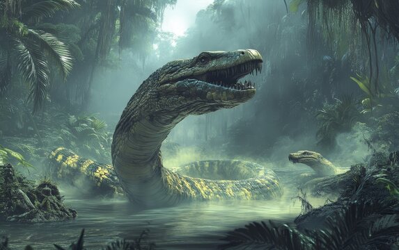 Two enormous Titanoboa snakes engage in a fierce, ritualistic confrontation, their massive, intertwined bodies and gnashing fangs a display of raw, primal power and dominance over the ancient