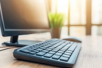 Modern office desktop with computer keyboard in sunlit workspace