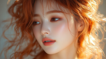 Fototapeta premium A young Korean woman with wavy, vibrant hair poses gracefully in soft natural light, highlighting her serene expression and delicate features