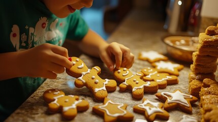 A young child joyfully decorates gingerbread cookies with colorful toppings, creating festive shapes. The warm kitchen setting provides a cozy backdrop for this delightful holiday activity.