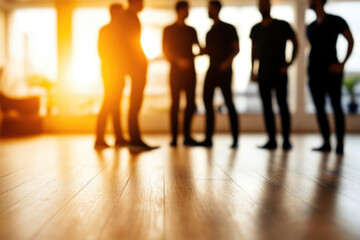 Fototapeta premium Silhouetted group standing on sunny hardwood floor in modern space
