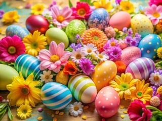 Fototapeta premium Happy Easter Card Design with Colorful Eggs and Spring Flowers for Festive Celebrations