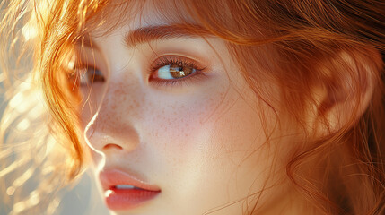 Fototapeta premium A close-up portrait of a Korean woman with flowing red hair, captivating eyes, and sunlit skin, showcasing natural beauty and gentle expression