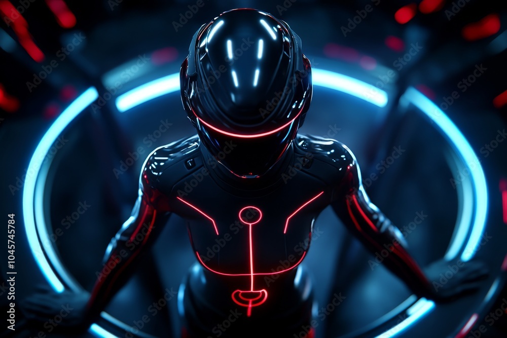 Poster futuristic depiction of a person standing tall with confidence, with glowing technology highlighting