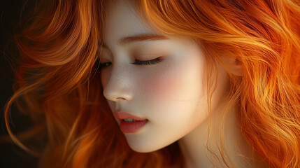 Obraz premium A young Korean woman with vibrant orange hair poses gracefully with soft lighting highlighting her elegant features