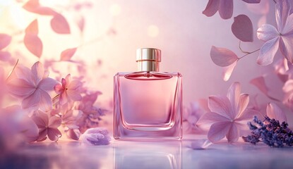 Elegant pink perfume bottle surrounded by delicate flowers in soft pastel lighting
