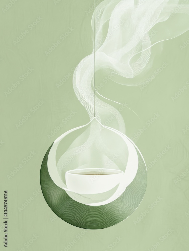 Poster a stylish hanging teacup releases steam in a contemporary, soft green environment, creating a serene