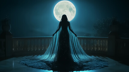 Ethereal silhouette of a figure under a glowing full moon, perfect for wall art, posters, or atmospheric decoration in fantasy-themed designs.