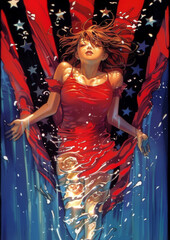 Fototapeta premium Young woman in a red dress floating with USA flag behind her. Radiant and powerful patriotic scene with glowing stars.