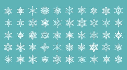 Unique snowflakes set, detailed hand drawn flat vector line illustration. Graphic outline drawing. Christmas and New Year symbol. Beautiful snowflake silhouette icon for frosty winter designs.