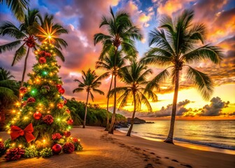 Fototapeta premium Hawaii Christmas Celebration with Tropical Decor and Scenic Beach Backdrop