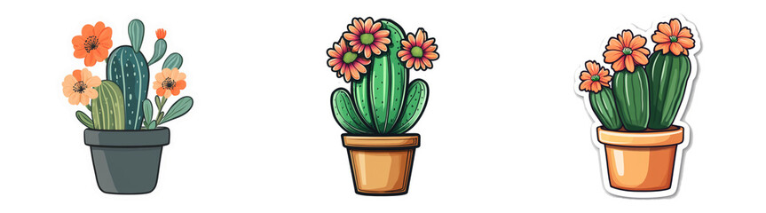 Cartoon potted cacti with colorful flowers perfect for home decor illustrations product packaging or garden designs