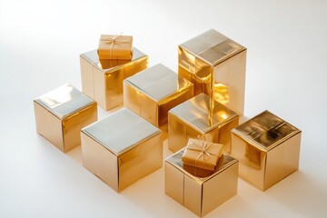 Fototapeta premium A collection of golden geometric gift boxes stacked creatively, reflecting light, perfect for celebrating special events or holidays. Generative AI