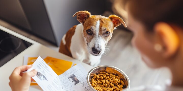 Pet owner carefully reading glyphosate warnings on pet food in a clean kitchen environment, health risk, banner