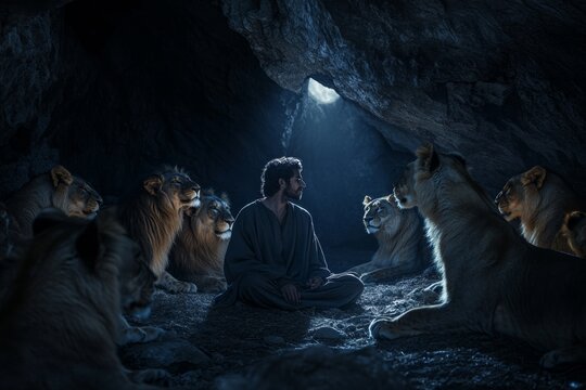 Daniel in the lion s den  a serene encounter with glowing eyes in a minimalist cave setting, Biblical religious stories, illustrations Christian faith in God