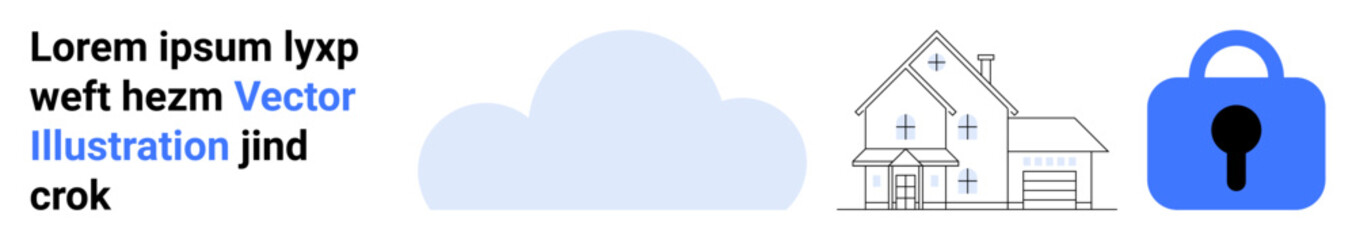 Cloud icon and outline of a house with a blue lock symbol on the right. Ideal for cloud computing, smart homes, security, data protection, and technology services. Banner for landing page