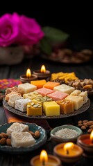 Fototapeta premium Traditional Diwali Mithai Platter with Assorted Indian Sweets Candles and Festive Decor Representing Hindu Festival of Lights Celebration