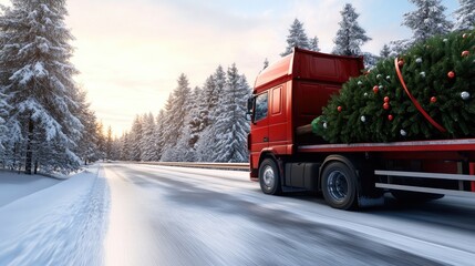 A truck with a large Christmas tree loaded in the back drives along a snowy forest path, with snow gently falling around the scenic surroundings