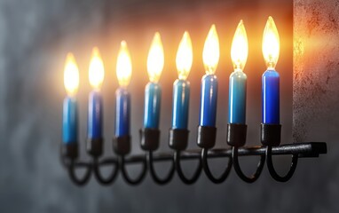 Beautifully illuminated blue candles on a menorah creating a colorful atmosphere for celebrations and festivals during the holiday season