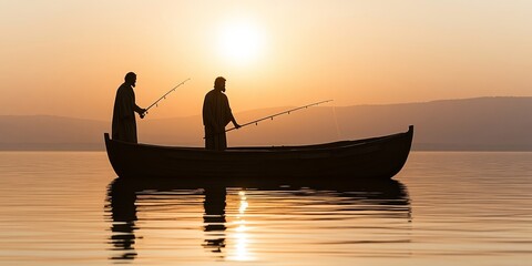 Silhouetted Jesus and Peter fishing on the tranquil sea of Galilee at sunset with reflective waters, Biblical religious stories, illustrations Christian faith in God