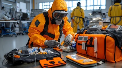 Rescue Team Preparing Radiation Response Kit Containing Dosimeters Medical Supplies and Emergency Equipment for Hazardous Disaster Preparedness and Critical Incident Response