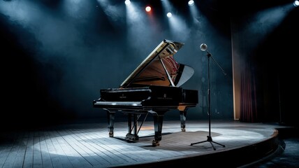 A grand piano on stage the perfect setting for a captivating musical performance with dramatic...