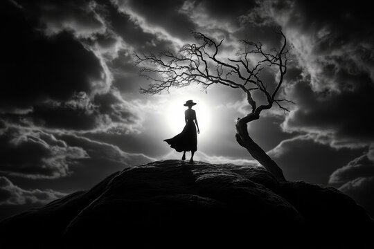 Gothic-style depiction of a person standing at the edge of a dark, shadowy forest, boldly stepping forward, symbolizing the courage of facing fears without hesitation