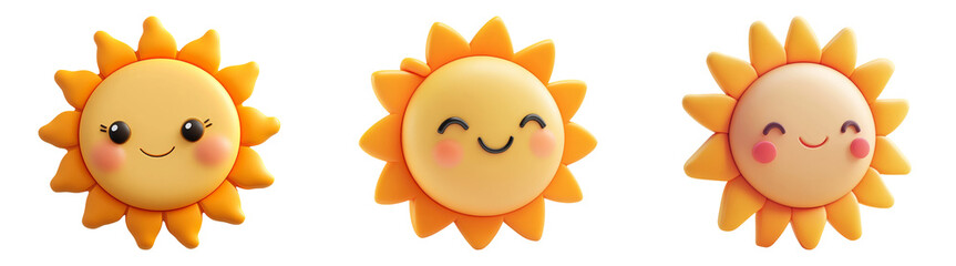 Obraz premium 3D cute sun characters with smiling faces isolated transparent background perfect for children’s weather-themed designs