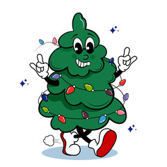 Groovy Christmas tree character, Christmas  tree mascot image.
