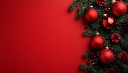 Bright red Christmas decorations with ornaments and pine branches against a deep red background during the holiday season