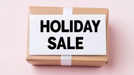 Festive package with a bold sign announcing a holiday sale, perfect for promotional campaigns and seasonal marketing materials.