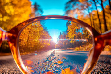 Autumn road through glasses with fall foliage and sunlight