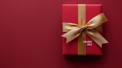Festive red gift box with a gold ribbon, perfect for holiday sales and celebrations. Ideal for promotional and marketing uses.