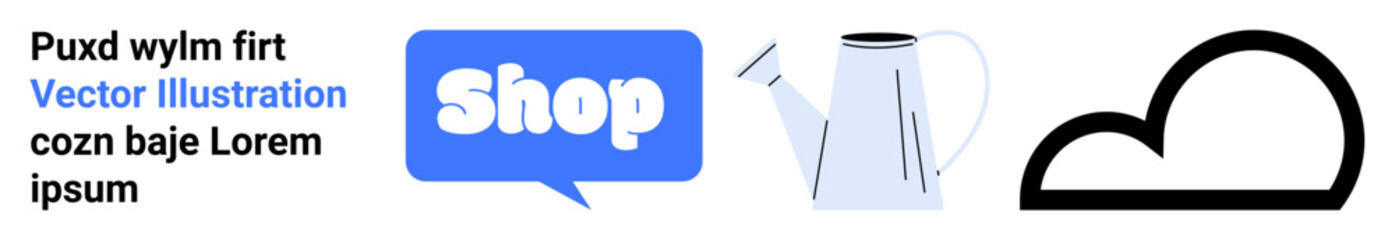 Contains a speech bubble with the word Shop, a watering can, and a cloud symbol. Ideal for online shopping, marketing, gardening, weather, and e-commerce. Banner for landing page