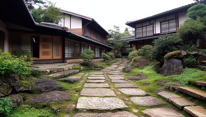 A tranquil Japanese garden pathway connects traditional wooden houses in spring