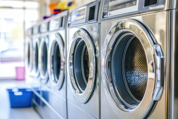 A row of gleaming stainless-steel washing machines, ready for use in a laundromat.